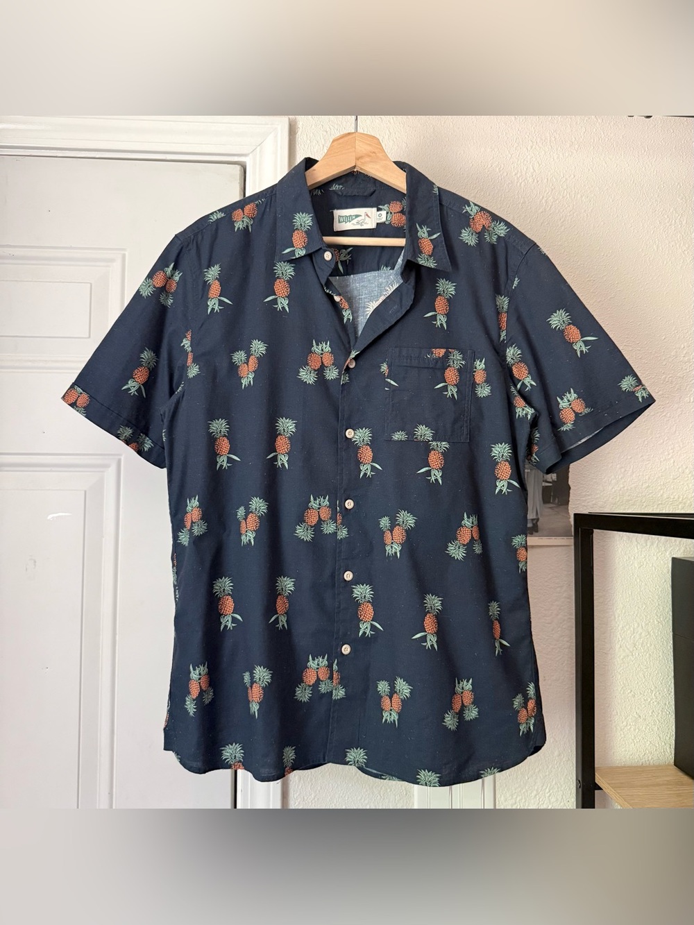 WELLEN navy pineapple fruit tropical Hawaiian print cotton short button up shirt